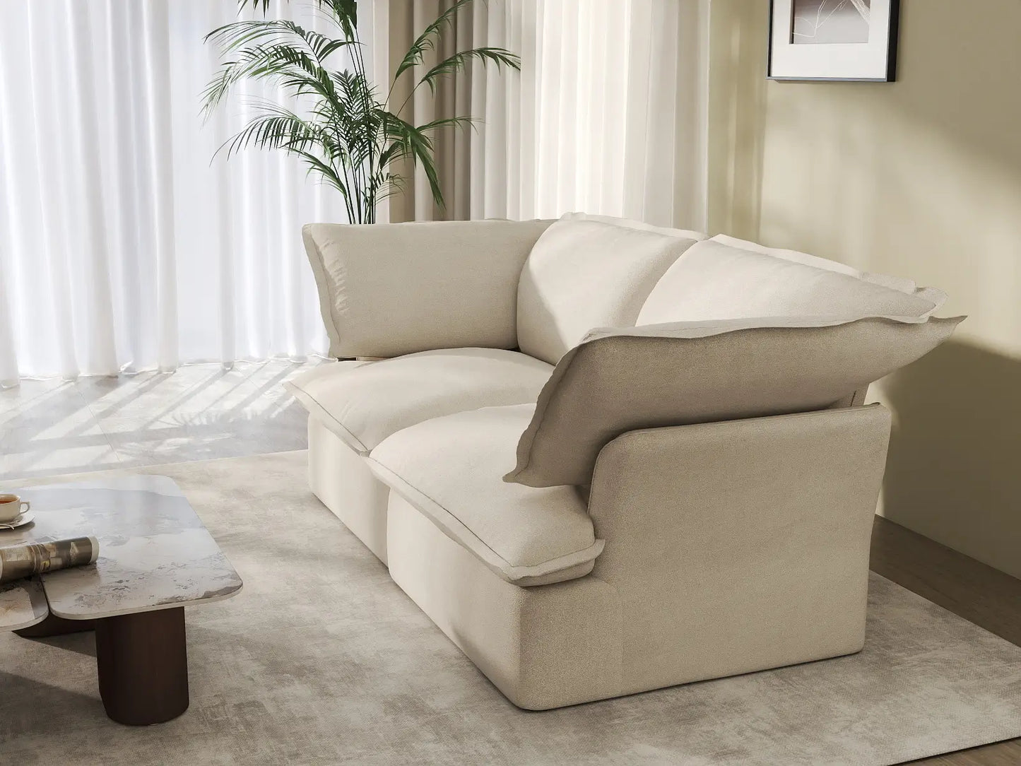 Sofá de dos plazas Deluxe Cloud, color beige, lavable | 2 piezas, tela de lino y algodón, diseño modular