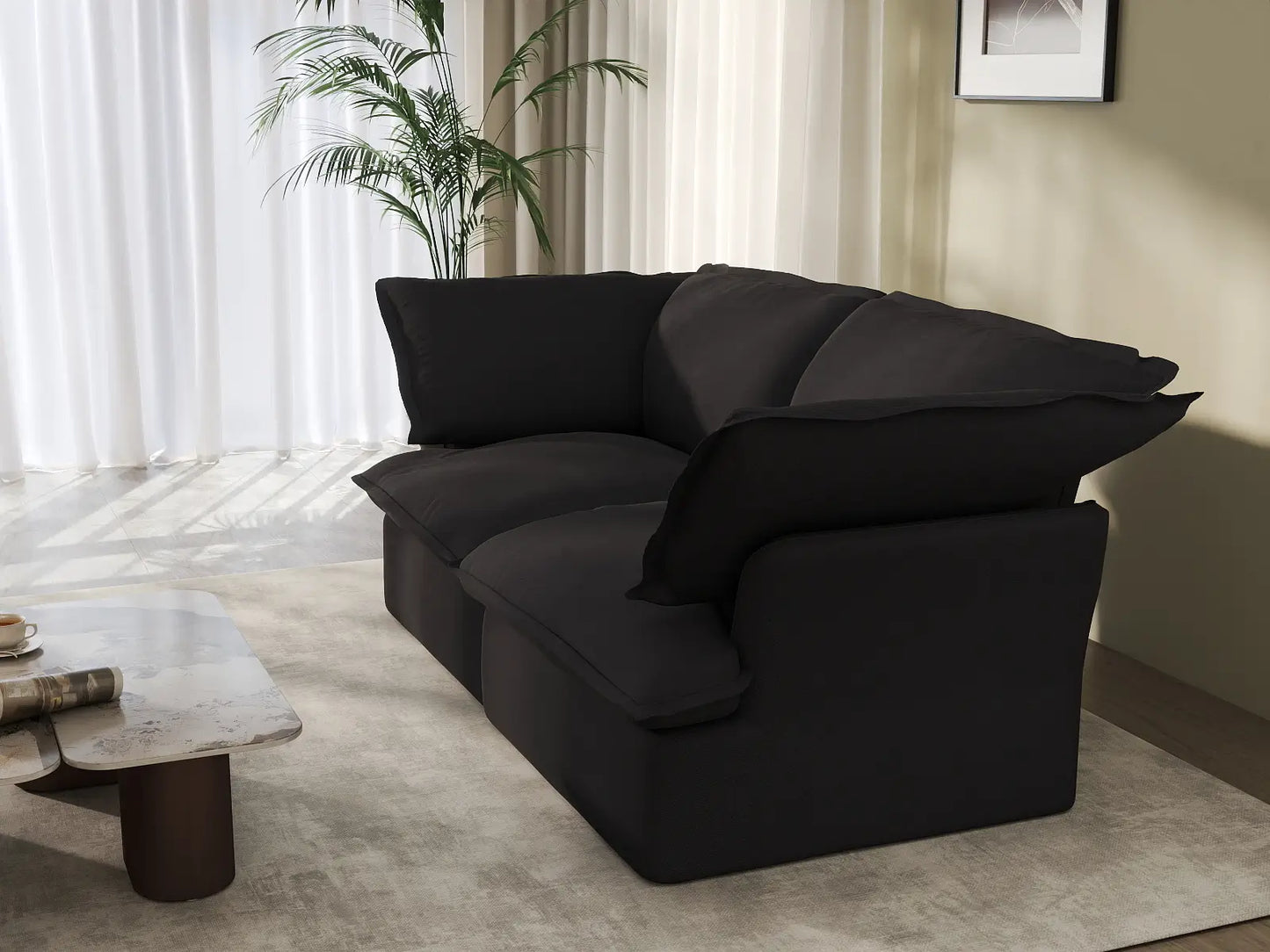 Sofá de dos plazas Deluxe Cloud, lavable, color negro | 2 piezas, tela de lino y algodón, diseño modular