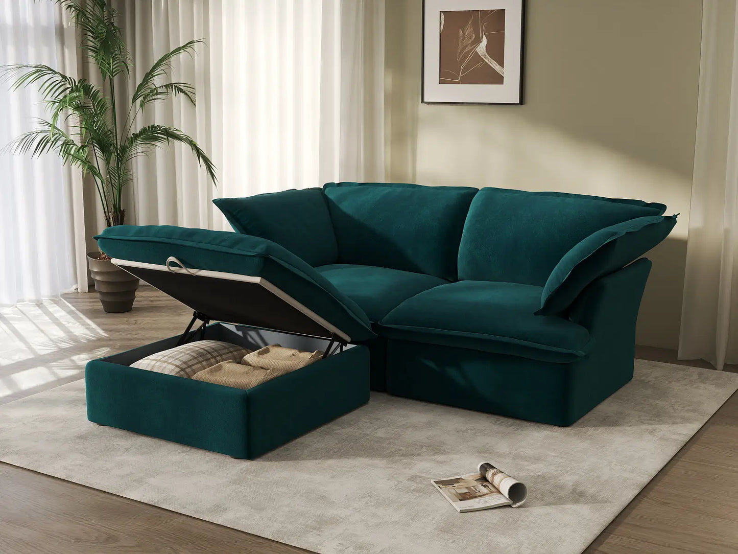 Sofá Seccional Chaise de 2 Plazas Deluxe Cloud para Espacios Pequeños | 3 Piezas (incluye 1 otomana), Tela de Terciopelo, Otomana con Almacenamiento