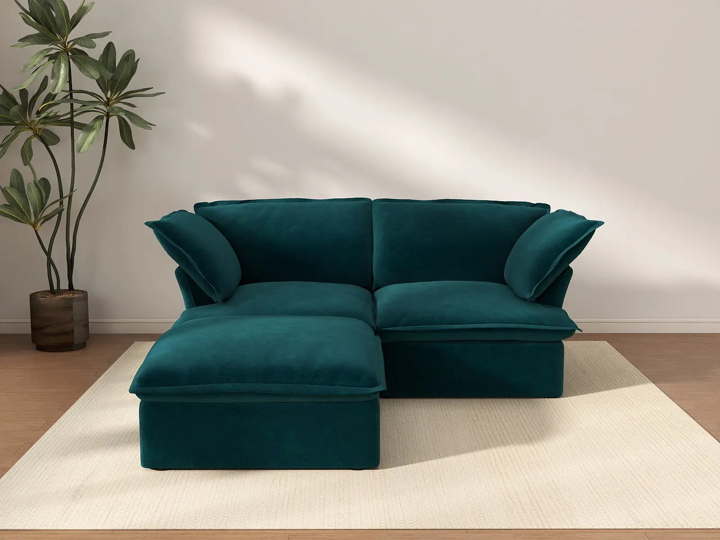 Sofá Seccional Chaise de 2 Plazas Deluxe Cloud para Espacios Pequeños | 3 Piezas (incluye 1 otomana), Tela de Terciopelo, Otomana con Almacenamiento