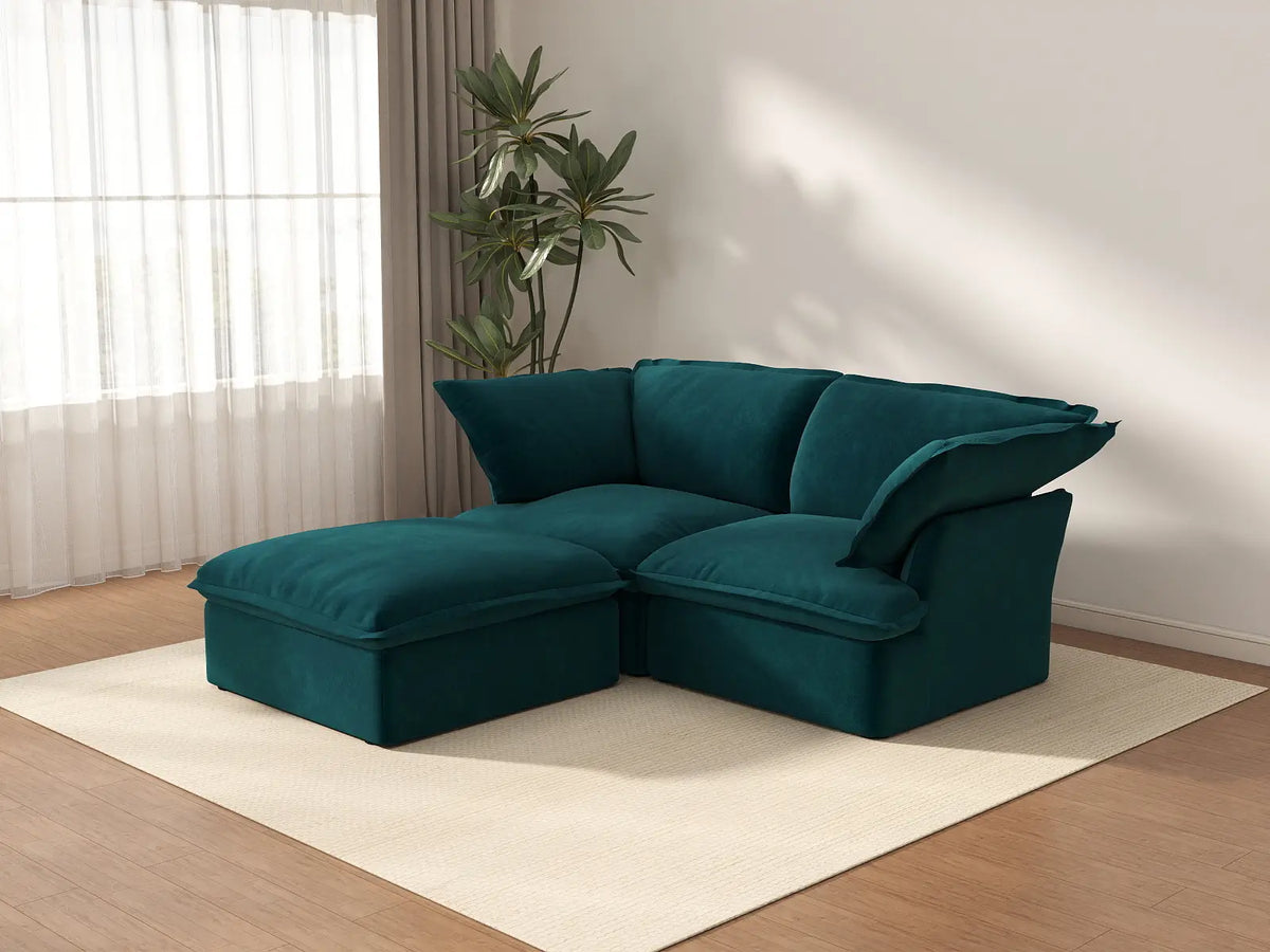 Sofá Seccional Chaise de 2 Plazas Deluxe Cloud para Espacios Pequeños | 3 Piezas (incluye 1 otomana), Tela de Terciopelo, Otomana con Almacenamiento