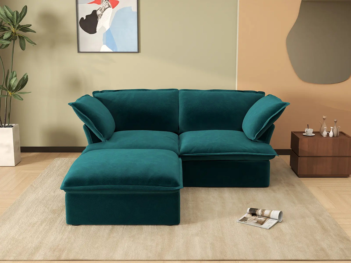 Sofá Seccional Chaise de 2 Plazas Deluxe Cloud para Espacios Pequeños | 3 Piezas (incluye 1 otomana), Tela de Terciopelo, Otomana con Almacenamiento