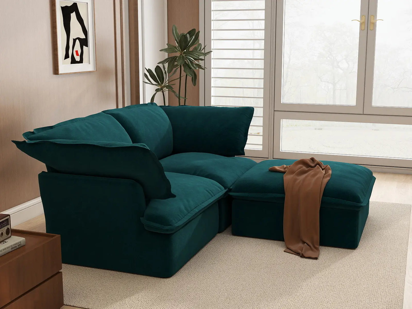 Sofá Seccional Chaise de 2 Plazas Deluxe Cloud para Espacios Pequeños | 3 Piezas (incluye 1 otomana), Tela de Terciopelo, Otomana con Almacenamiento
