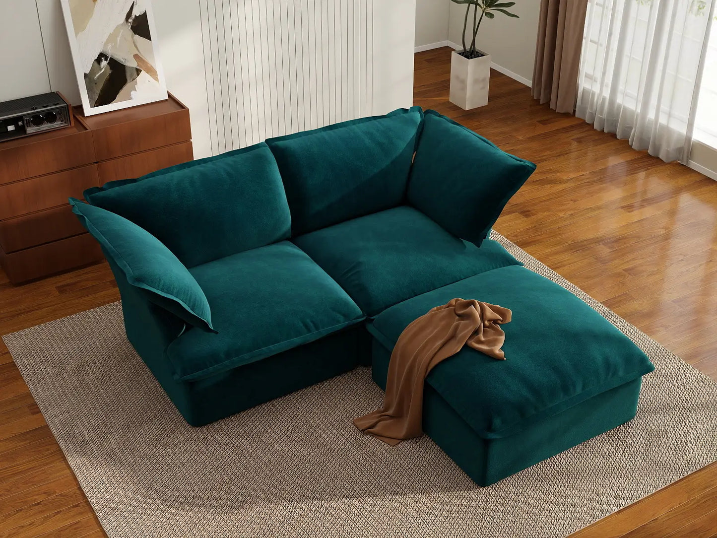 Sofá Seccional Chaise de 2 Plazas Deluxe Cloud para Espacios Pequeños | 3 Piezas (incluye 1 otomana), Tela de Terciopelo, Otomana con Almacenamiento