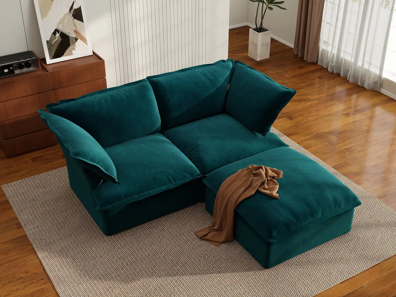 Sofá Seccional Chaise de 2 Plazas Deluxe Cloud para Espacios Pequeños | 3 Piezas (incluye 1 otomana), Tela de Terciopelo, Otomana con Almacenamiento
