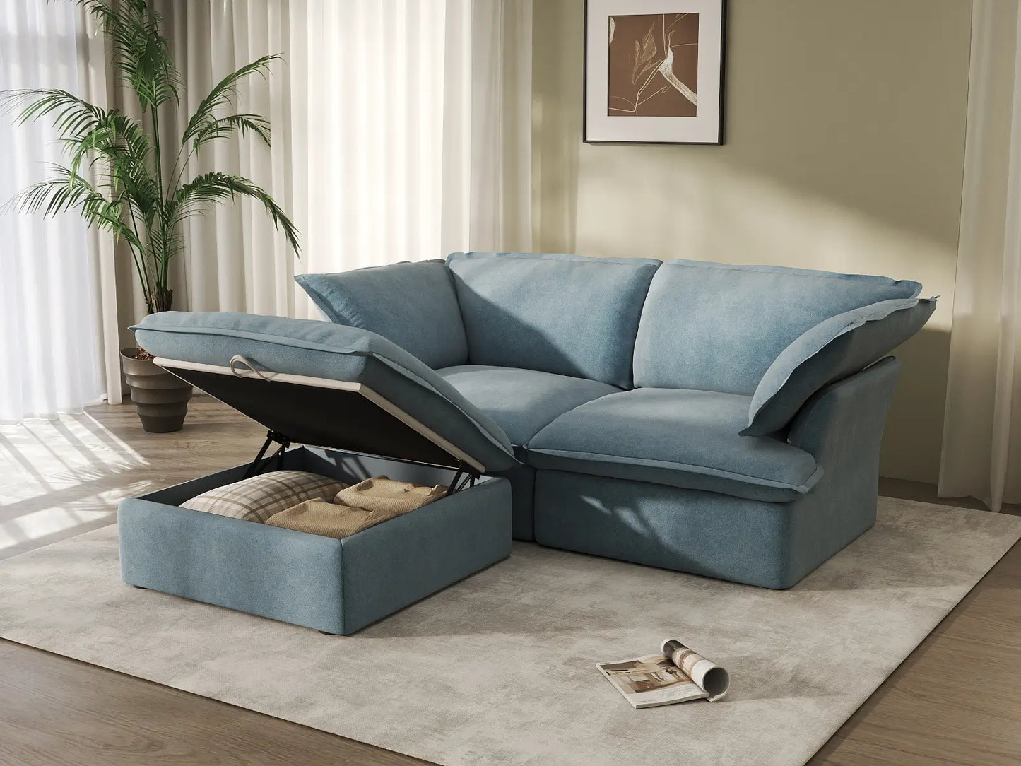 Deluxe Cloud 2-Seater Velvet Chaise Sectional | 3-Piece (includes 1 ottoman), Storage Ottoman