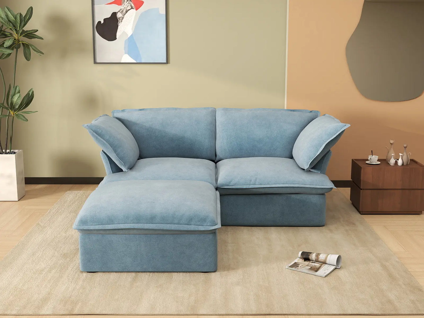 Deluxe Cloud 2-Seater Velvet Chaise Sectional | 3-Piece (includes 1 ottoman), Storage Ottoman