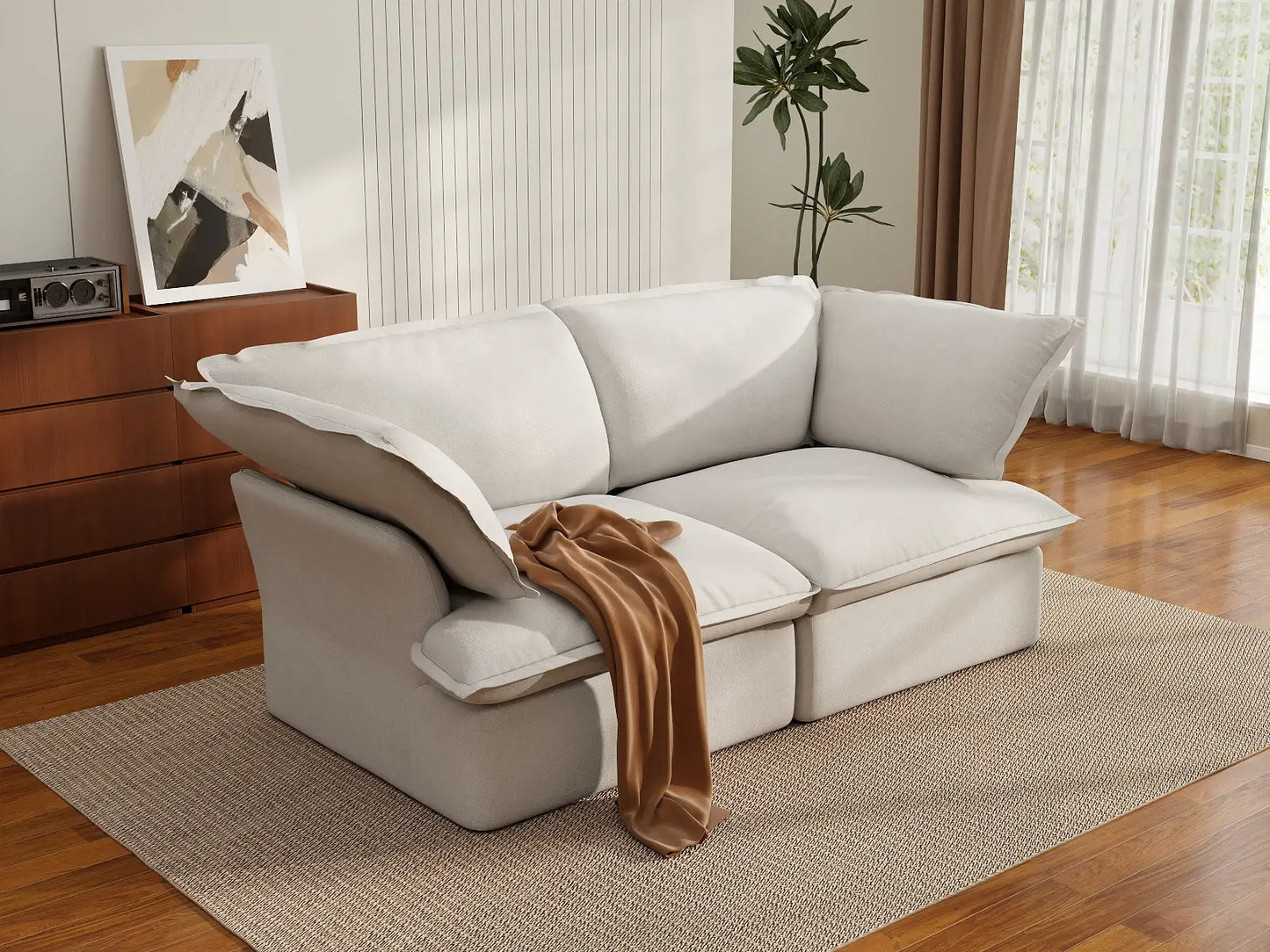 Deluxe Cloud 2-Seater White Washable Loveseat | 2-Piece, Linen and Cotton Fabric, Modular Design