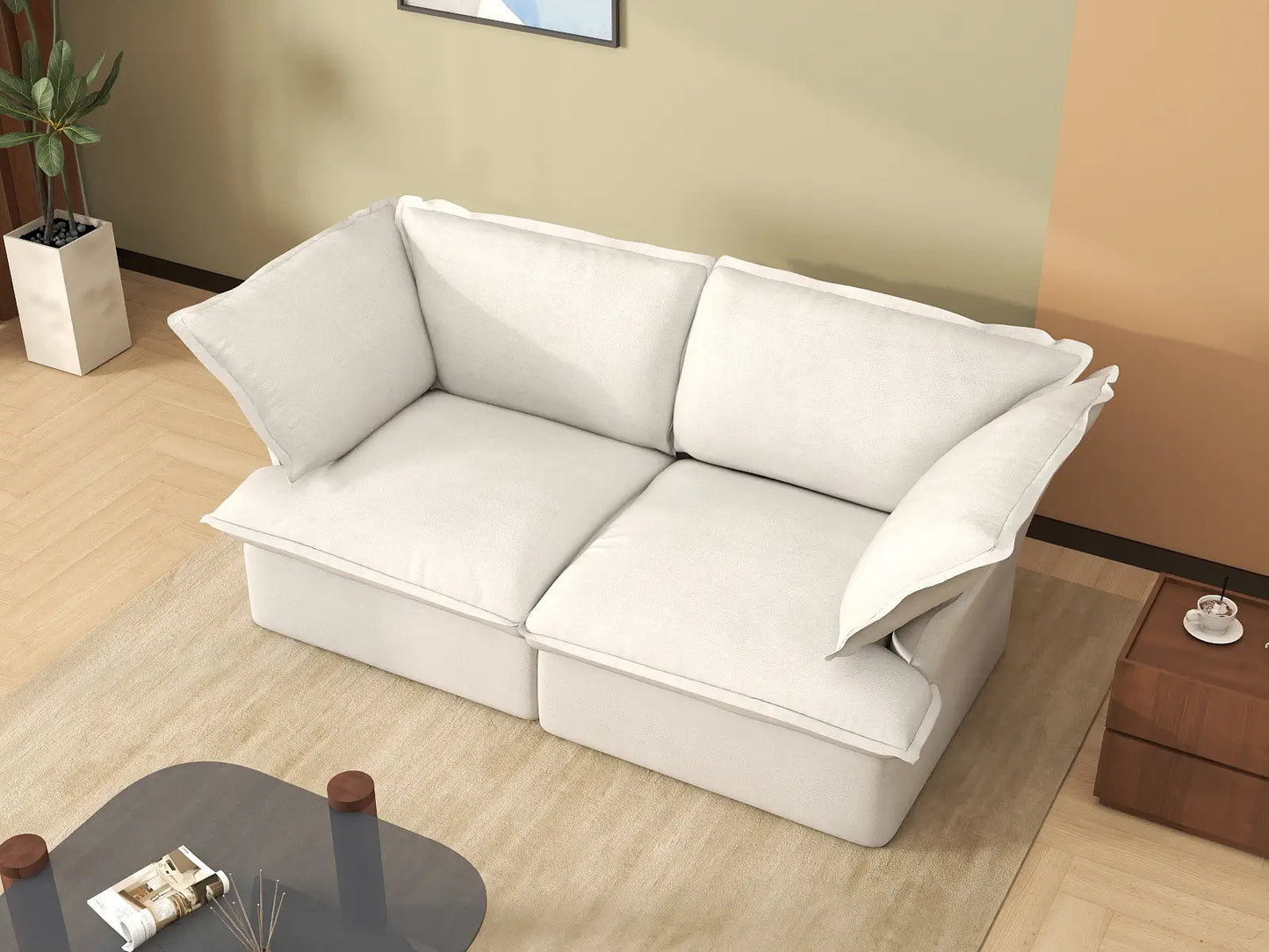 Deluxe Cloud 2-Seater White Washable Loveseat | 2-Piece, Linen and Cotton Fabric, Modular Design