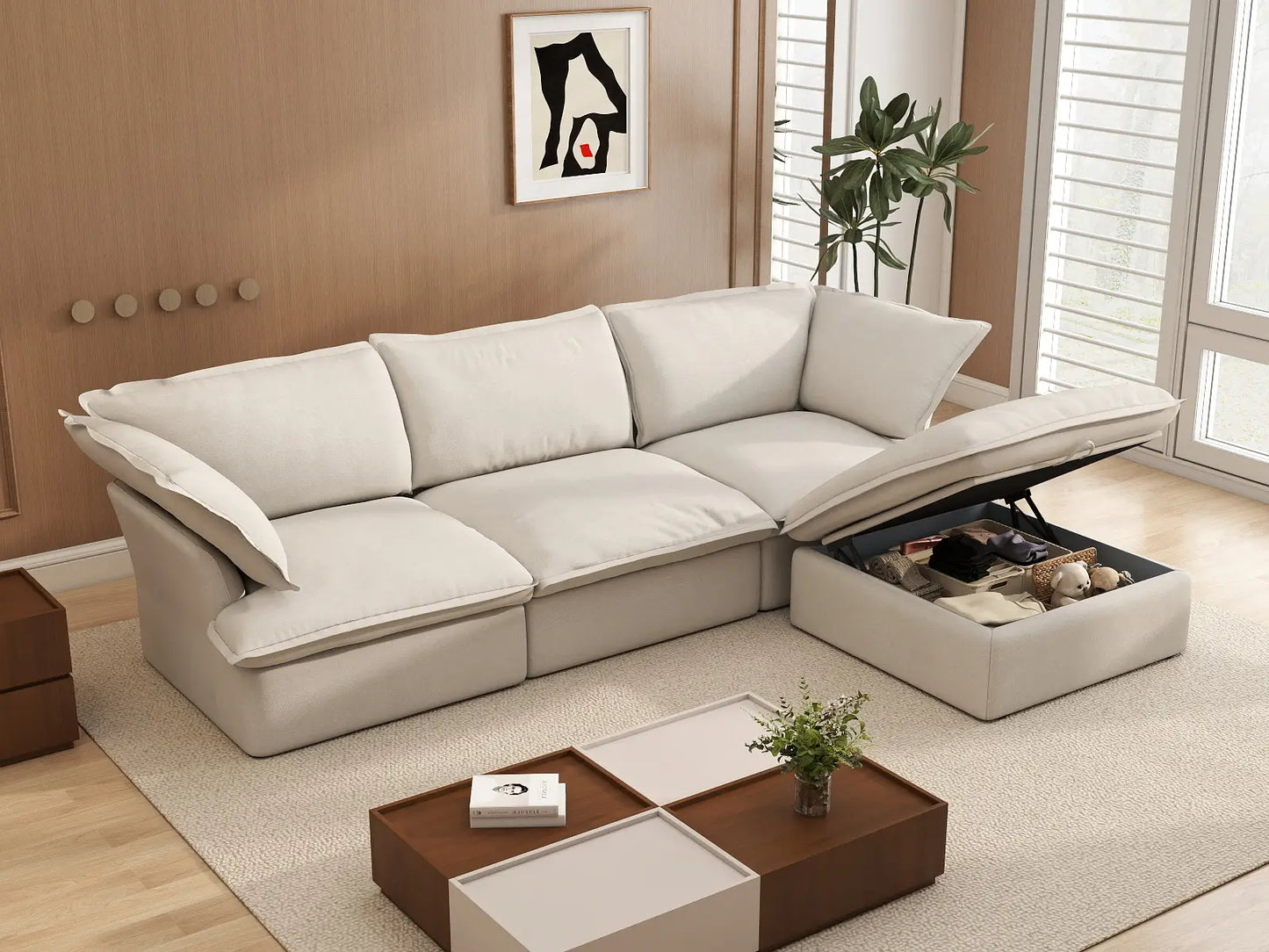 Sofá seccional en forma de L Deluxe Cloud de 3 plazas, color beige, con espacio de almacenamiento | Juego de 4 piezas (incluye 1 otomana), tejido de lino y algodón, fundas lavables