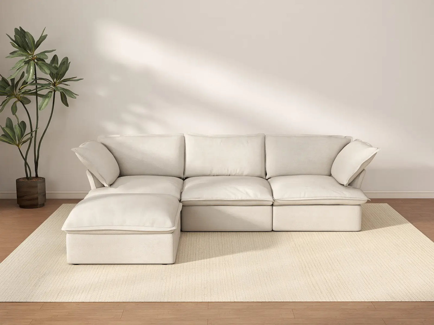 Sofá seccional en forma de L Deluxe Cloud de 3 plazas, color beige, con espacio de almacenamiento | Juego de 4 piezas (incluye 1 otomana), tejido de lino y algodón, fundas lavables