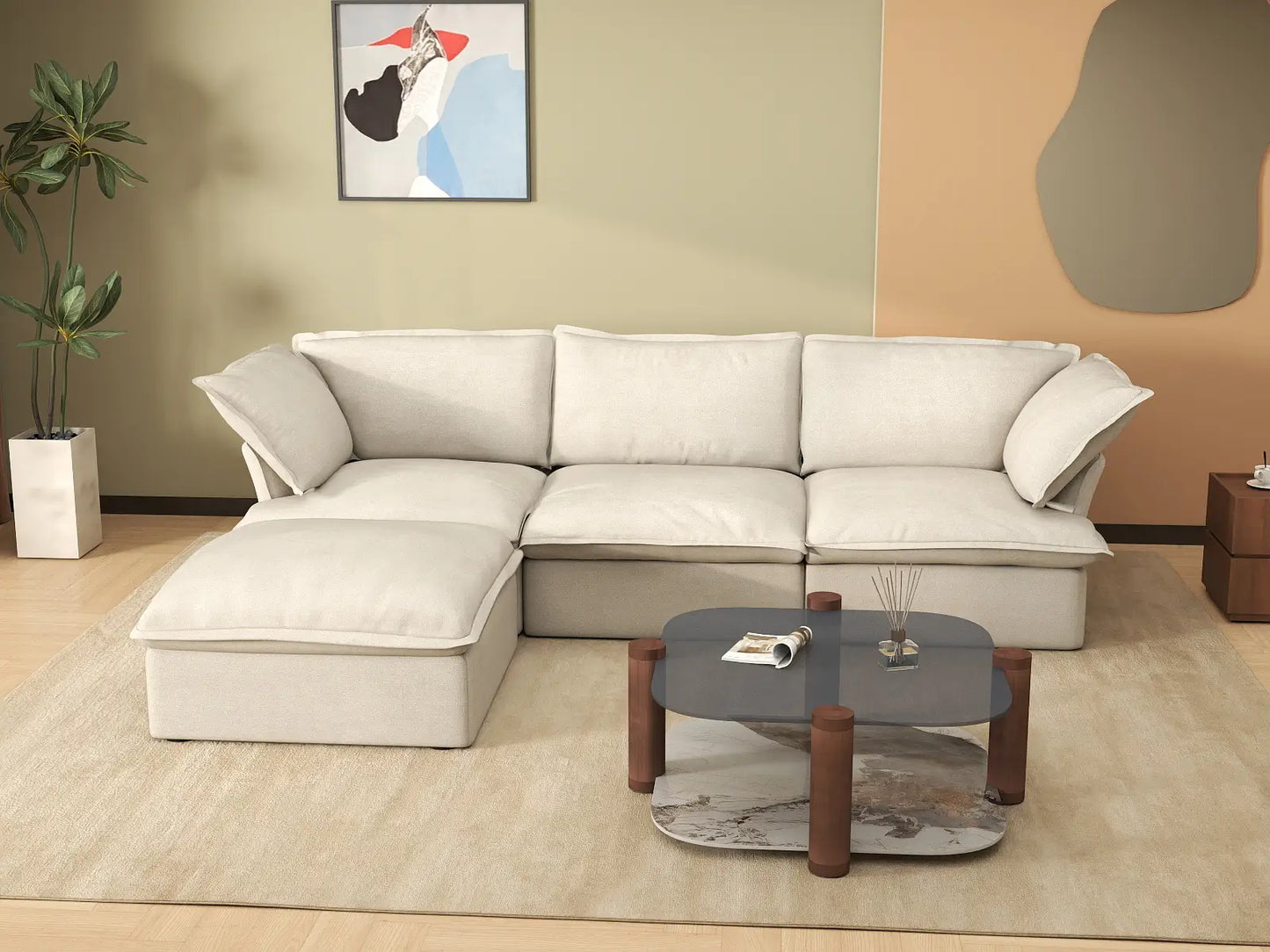 Sofá seccional en forma de L Deluxe Cloud de 3 plazas, color beige, con espacio de almacenamiento | Juego de 4 piezas (incluye 1 otomana), tejido de lino y algodón, fundas lavables