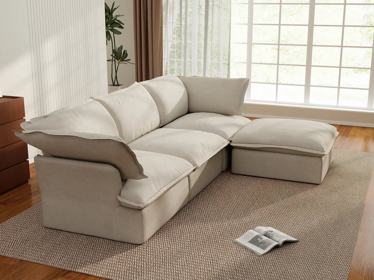 Deluxe Linen Cloud Sectional Sofas Covers | Beige Cotton and Linen Sofa Cover for 3-Seater with Ottoman