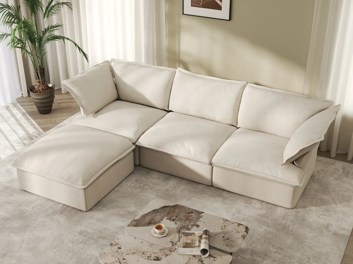 Deluxe Linen Cloud Sectional Sofas Covers | Beige Cotton and Linen Sofa Cover for 3-Seater with Ottoman