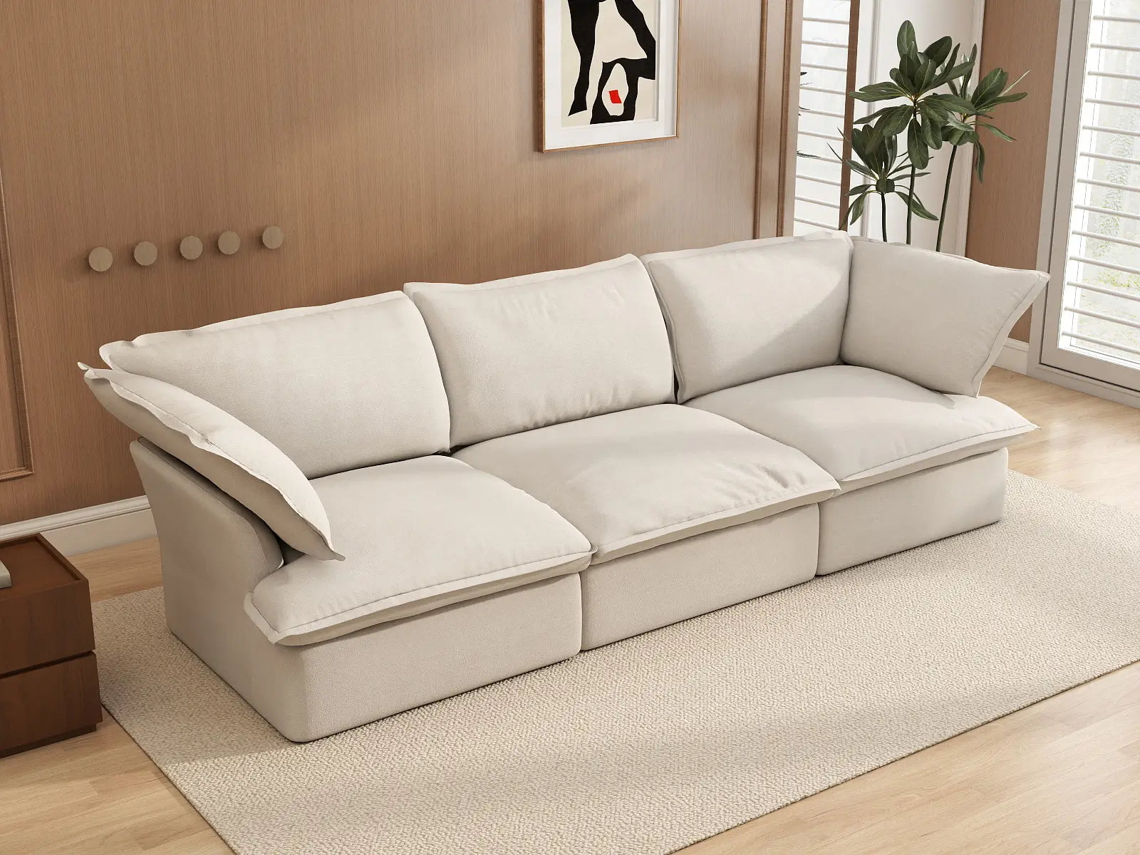 Deluxe Cloud 3-Seater Beige Washable Couch Sectional | 3-Piece, Linen and Cotton Fabric, Modular Design