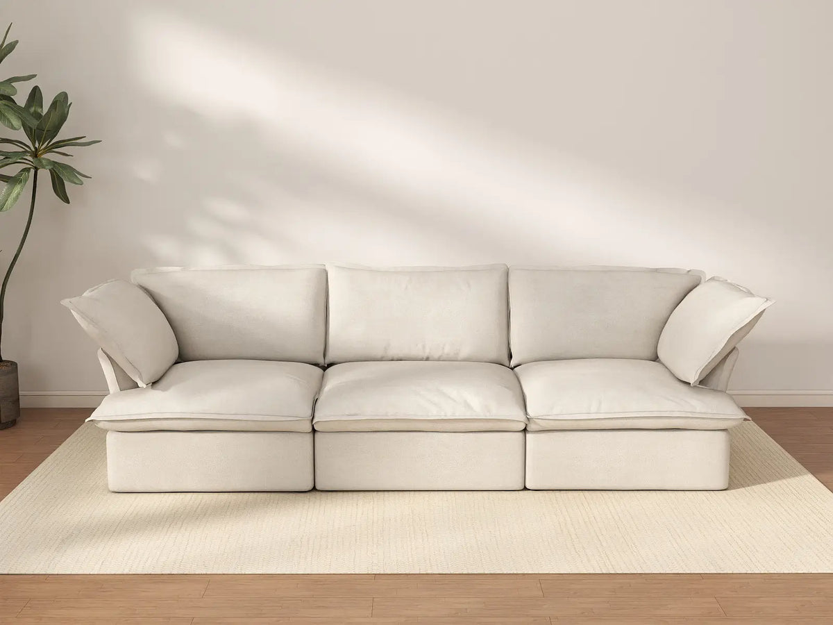 Sofá seccional lavable Deluxe Cloud de 3 plazas en color beige | 3 piezas, tela de lino y algodón, diseño modular