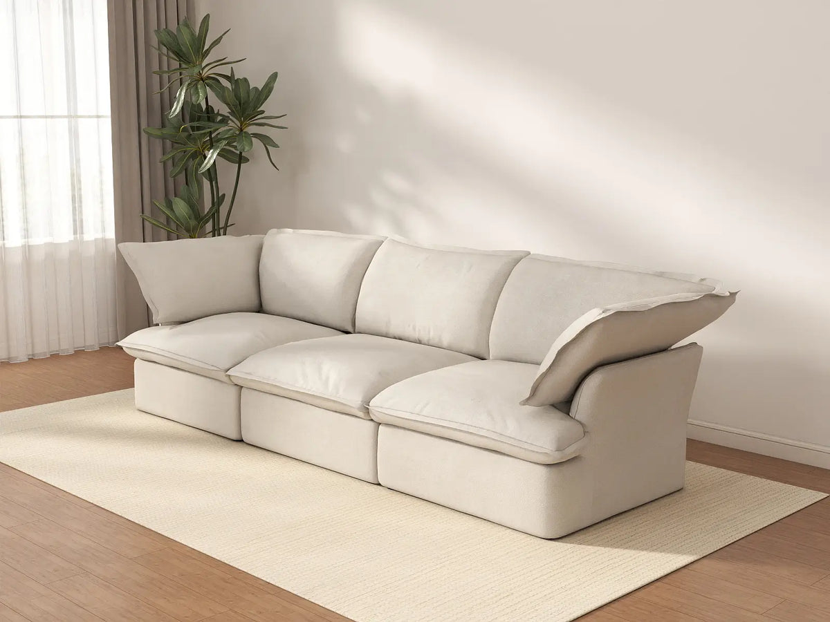 Sofá seccional lavable Deluxe Cloud de 3 plazas en color beige | 3 piezas, tela de lino y algodón, diseño modular