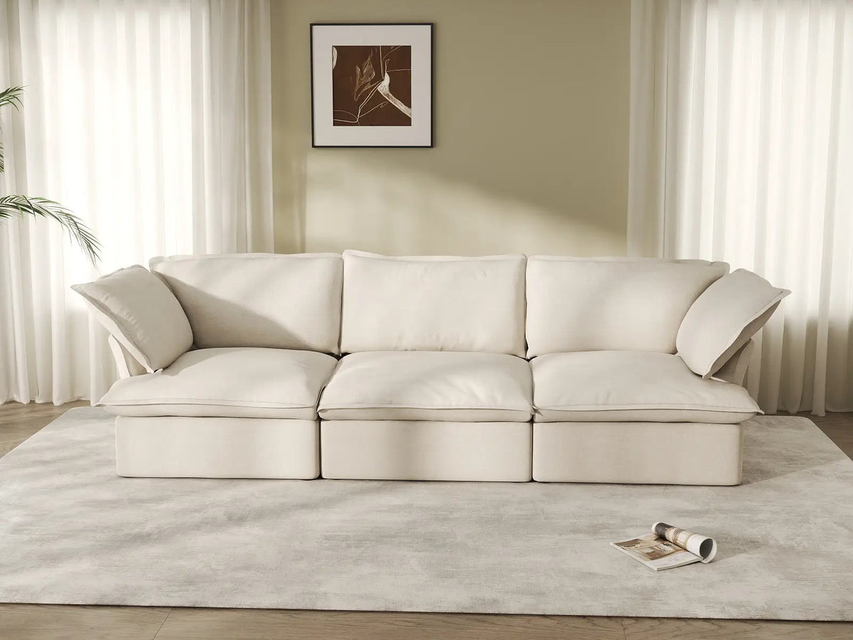 Sofá seccional lavable Deluxe Cloud de 3 plazas en color beige | 3 piezas, tela de lino y algodón, diseño modular