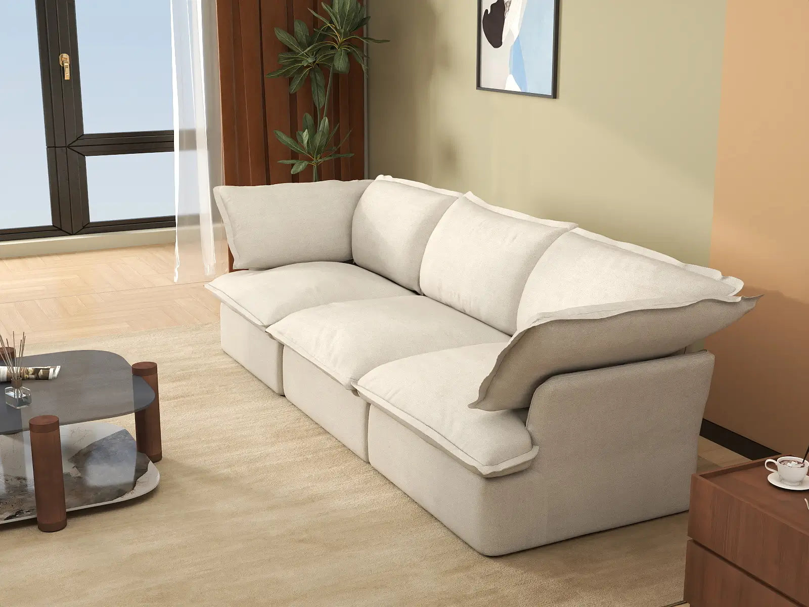 Deluxe Cloud 3-Seater Beige Washable Couch Sectional | 3-Piece, Linen and Cotton Fabric, Modular Design