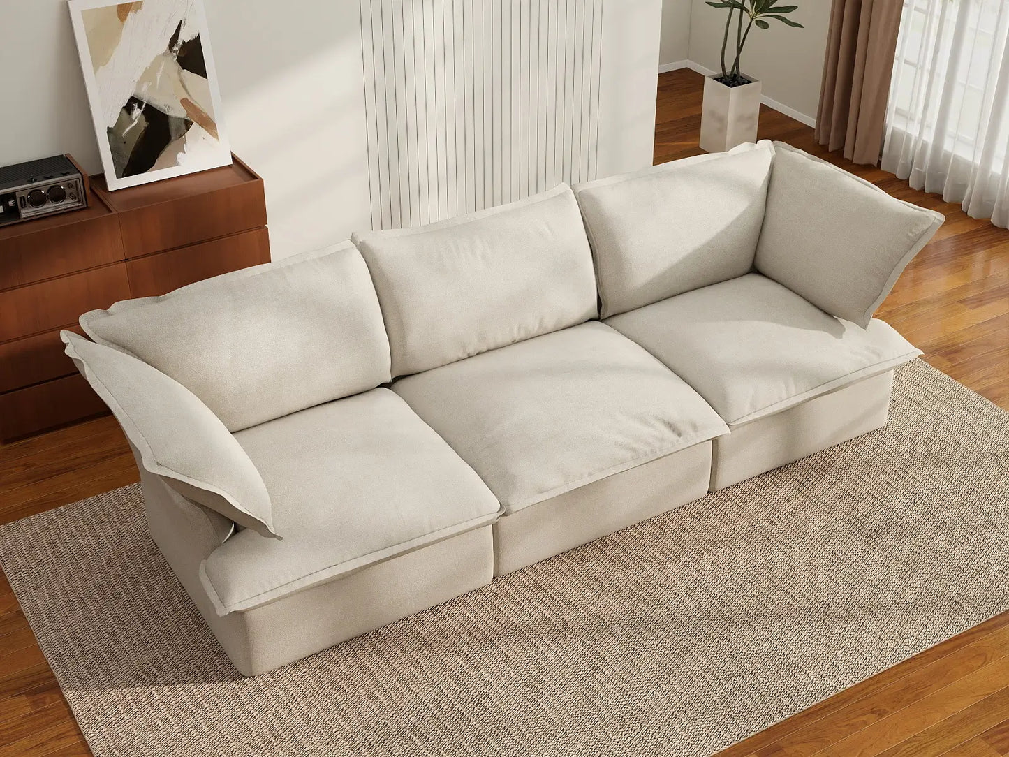 Sofá seccional lavable Deluxe Cloud de 3 plazas en color beige | 3 piezas, tela de lino y algodón, diseño modular