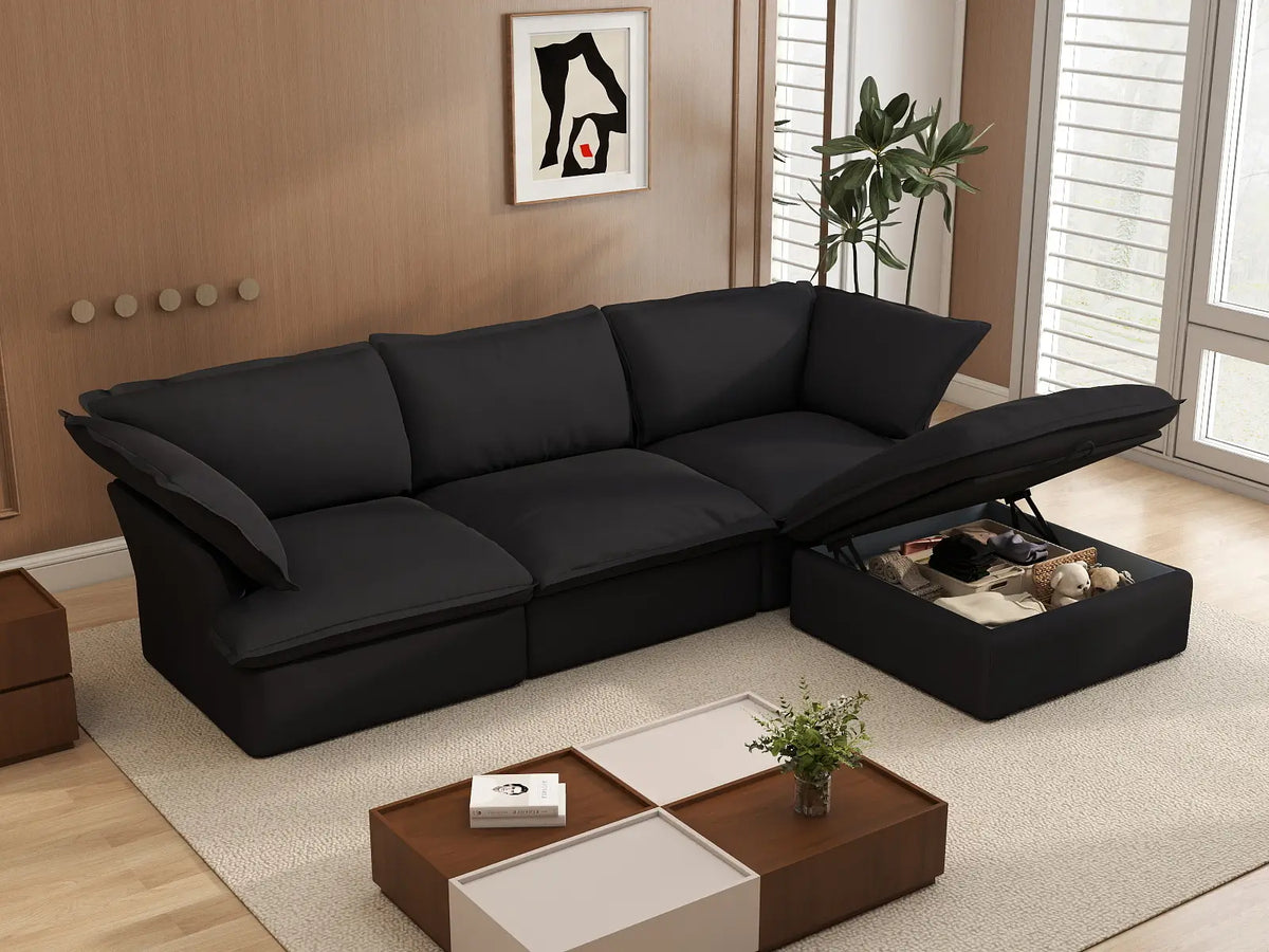 Sofá seccional en forma de L Deluxe Cloud de 3 plazas, color negro, con espacio de almacenamiento | Juego de 4 piezas (incluye 1 otomana), tejido de lino y algodón, fundas lavables