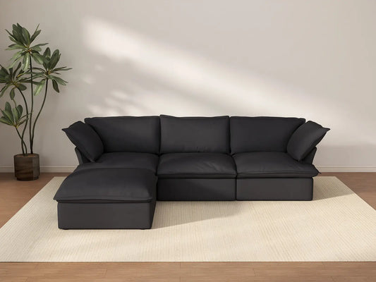 Deluxe Cloud 3-Seater Black Storage L-Shaped Sectional | 4-Piece (includes 1 Ottoman), Linen and Cotton Fabric, Washable Covers