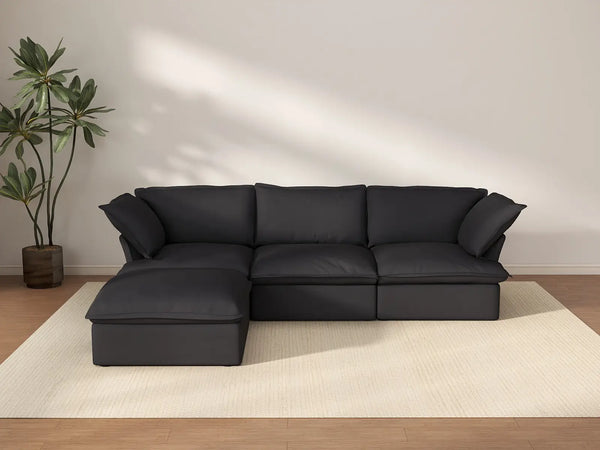 Deluxe Cloud 3-Seater Black Storage L-Shaped Sectional | 4-Piece (includes 1 Ottoman), Linen and Cotton Fabric, Washable Covers