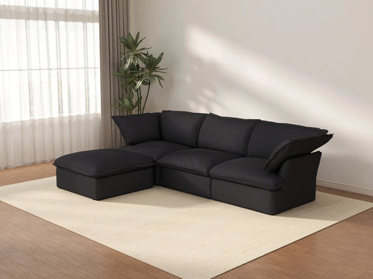 Deluxe Cloud 3-Seater Black Storage L-Shaped Sectional | 4-Piece (includes 1 Ottoman), Linen and Cotton Fabric, Washable Covers