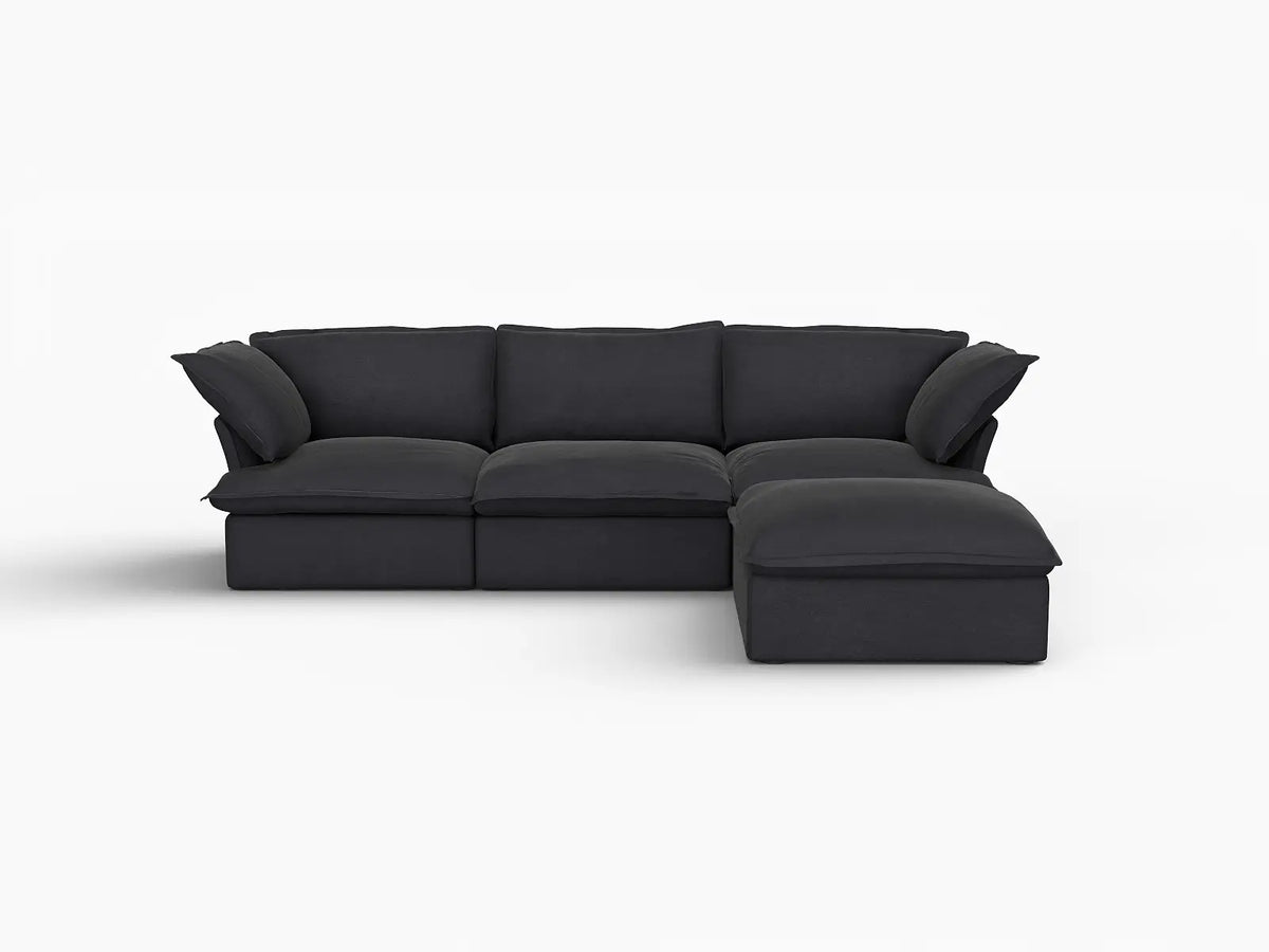 Sofá seccional en forma de L Deluxe Cloud de 3 plazas, color negro, con espacio de almacenamiento | Juego de 4 piezas (incluye 1 otomana), tejido de lino y algodón, fundas lavables