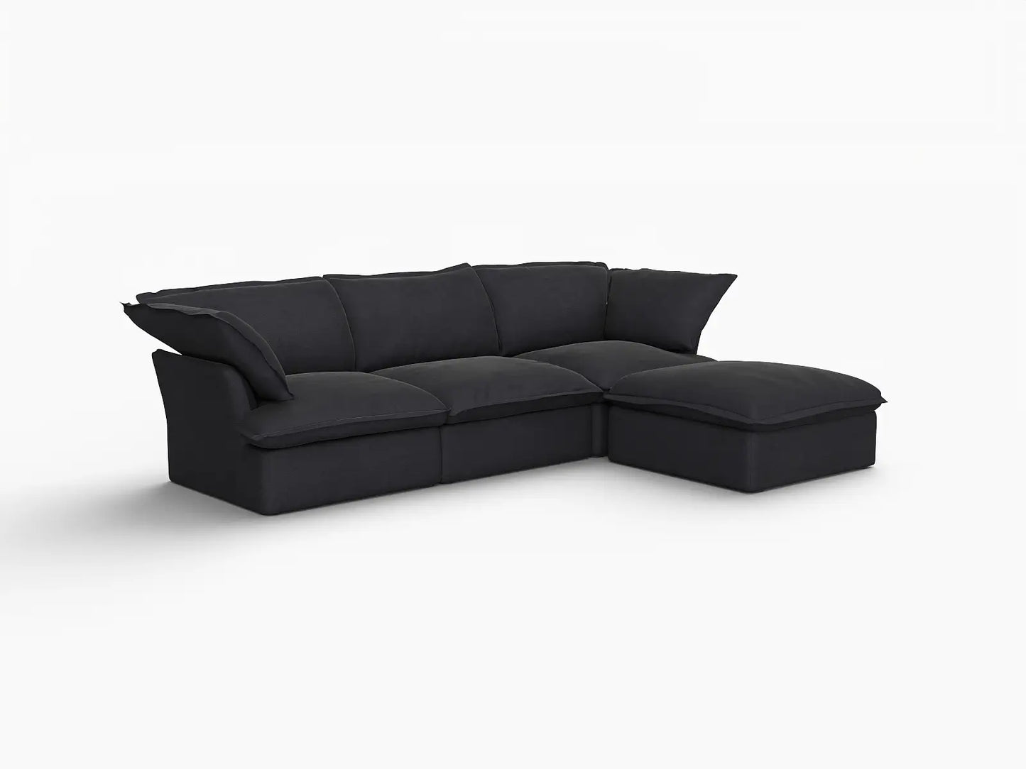 Sofá seccional en forma de L Deluxe Cloud de 3 plazas, color negro, con espacio de almacenamiento | Juego de 4 piezas (incluye 1 otomana), tejido de lino y algodón, fundas lavables