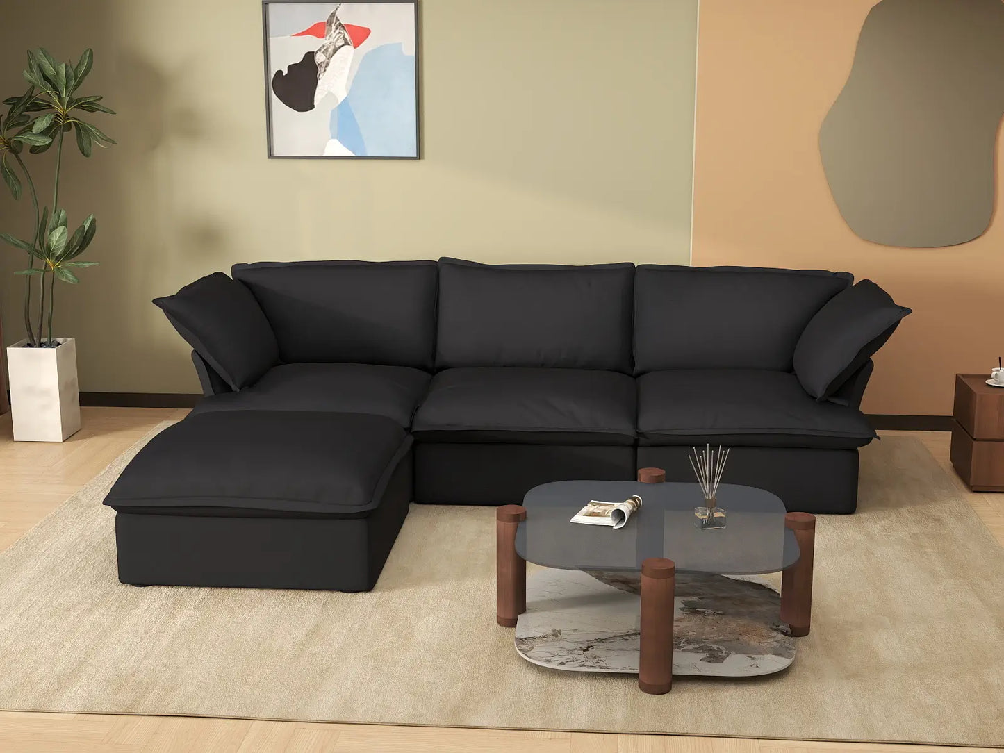 Sofá seccional en forma de L Deluxe Cloud de 3 plazas, color negro, con espacio de almacenamiento | Juego de 4 piezas (incluye 1 otomana), tejido de lino y algodón, fundas lavables