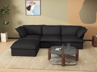 Sofá seccional en forma de L Deluxe Cloud de 3 plazas, color negro, con espacio de almacenamiento | Juego de 4 piezas (incluye 1 otomana), tejido de lino y algodón, fundas lavables