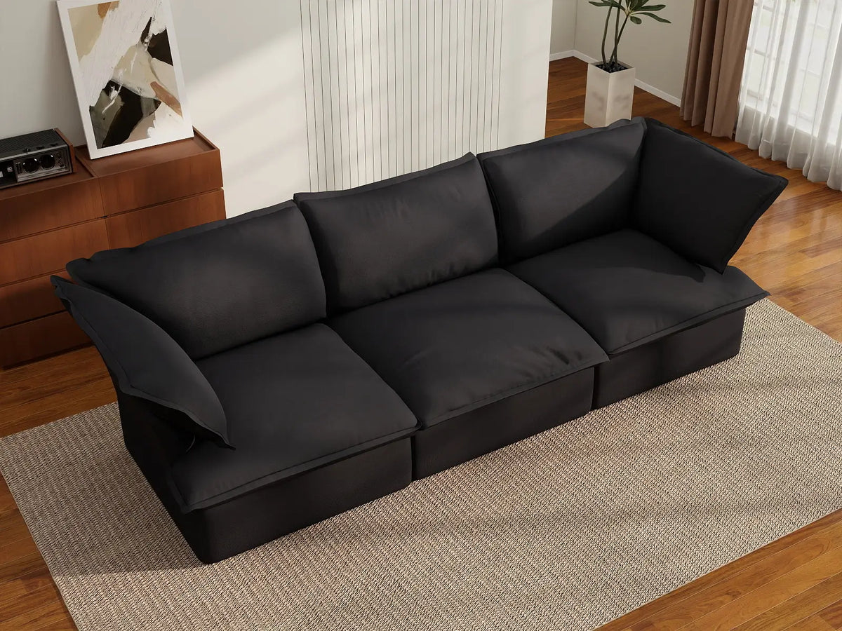 Deluxe Cloud 3-Seater Black Washable Couch Sectional | 3-Piece, Linen and Cotton Fabric, Modular Design