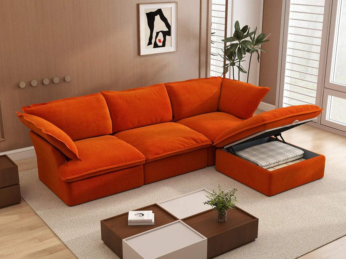 Deluxe Cloud 3-Seater Modular L-Shaped Sectional | 4-Piece (includes 1 ottoman), Velvet Fabric, Storage Ottoman