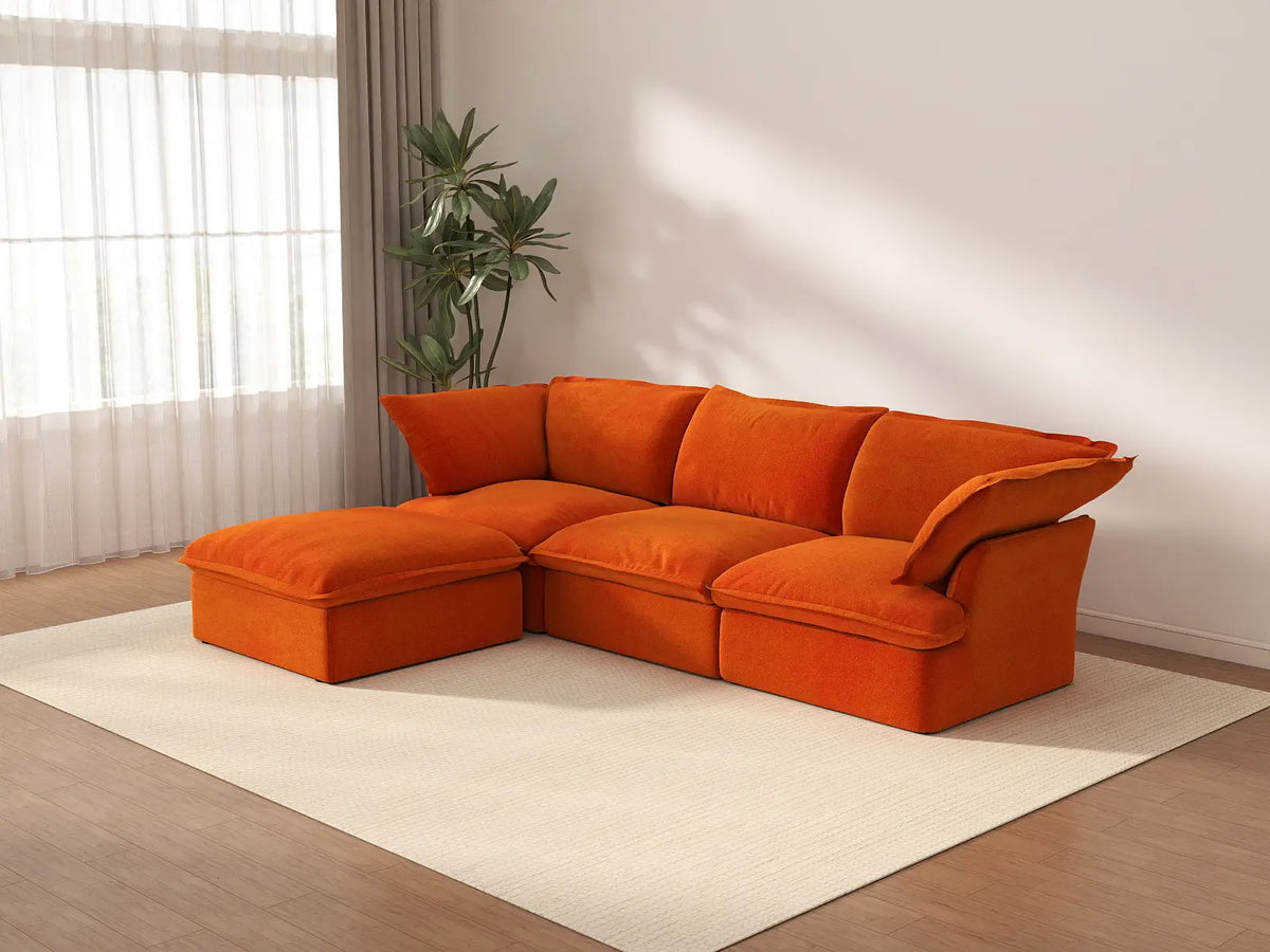 Deluxe Cloud 3-Seater Modular L-Shaped Sectional | 4-Piece (includes 1 ottoman), Velvet Fabric, Storage Ottoman