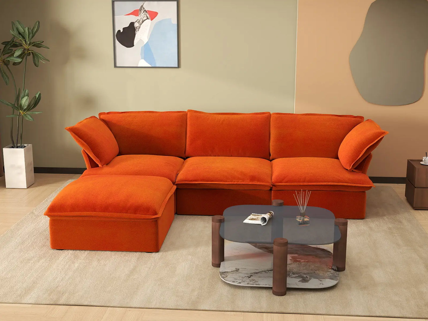 Deluxe Cloud 3-Seater Modular L-Shaped Sectional | 4-Piece (includes 1 ottoman), Velvet Fabric, Storage Ottoman