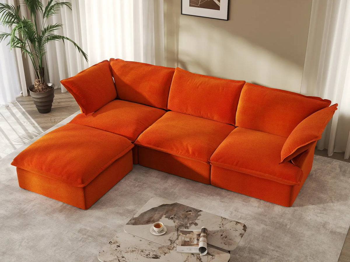 Deluxe Cloud 3-Seater Modular L-Shaped Sectional | 4-Piece (includes 1 ottoman), Velvet Fabric, Storage Ottoman