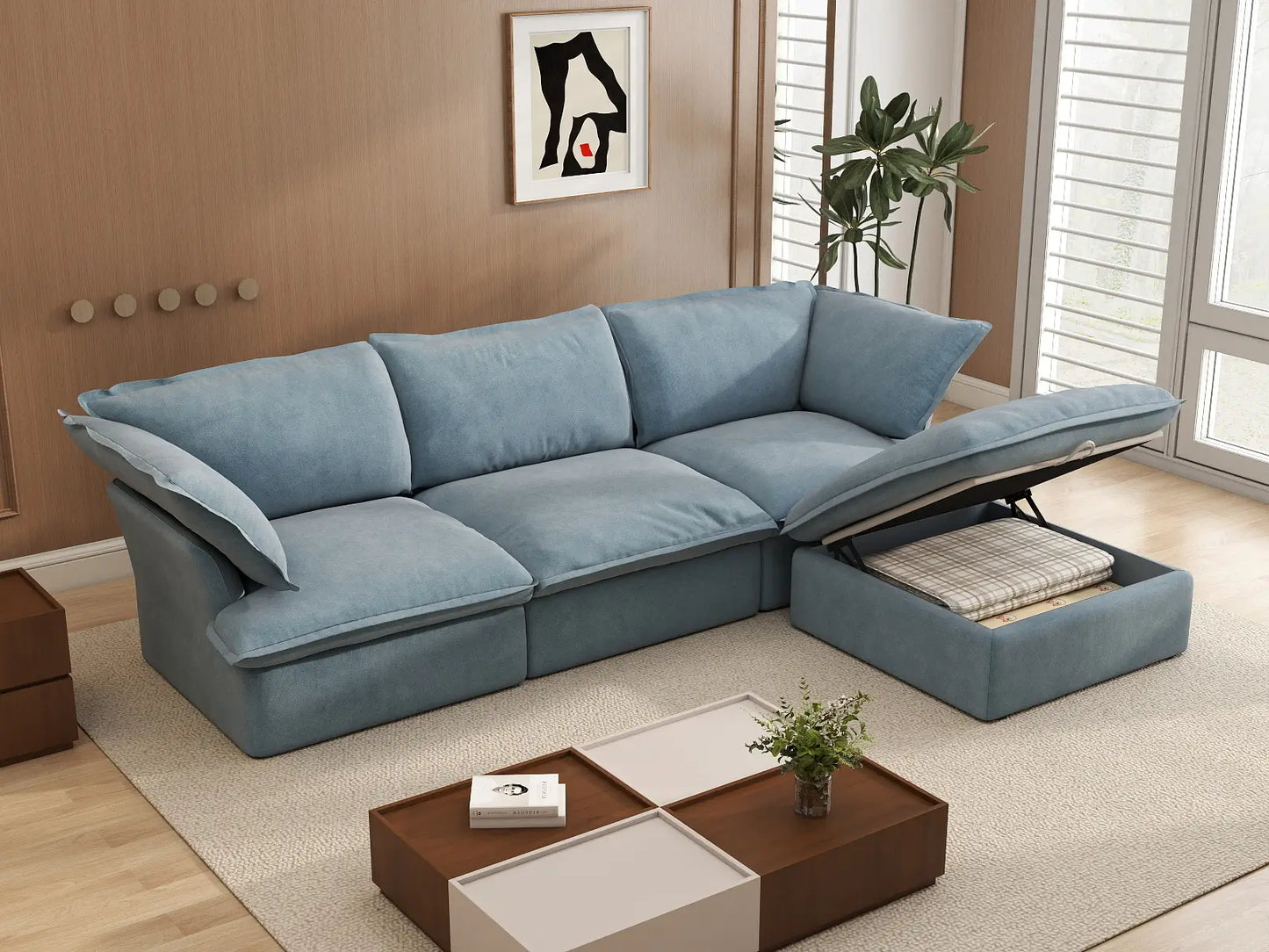 Sofá modular Deluxe Cloud de 3 plazas con almacenaje | 4 piezas (incluye 1 otomana), tejido de terciopelo, fundas lavables