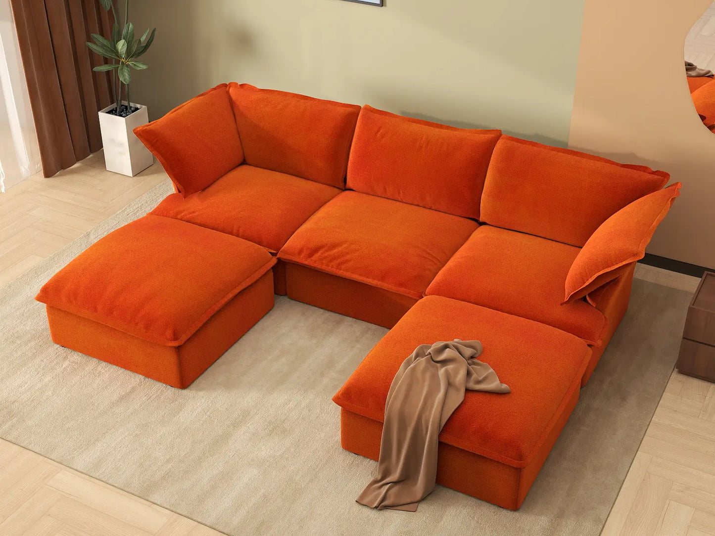 Deluxe Cloud 3-Seater Modular Storage Sofa | 5-Piece (includes 2 ottomans), Velvet Fabric, Washable Covers