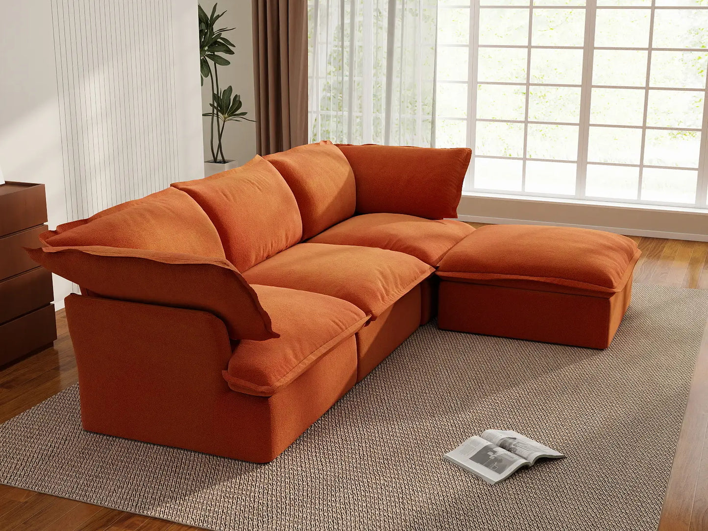 Deluxe Cloud 3-Seater Storage L-Shaped Sectional | 4-Piece (includes 1 ottoman), Velvet Fabric, Washable Covers