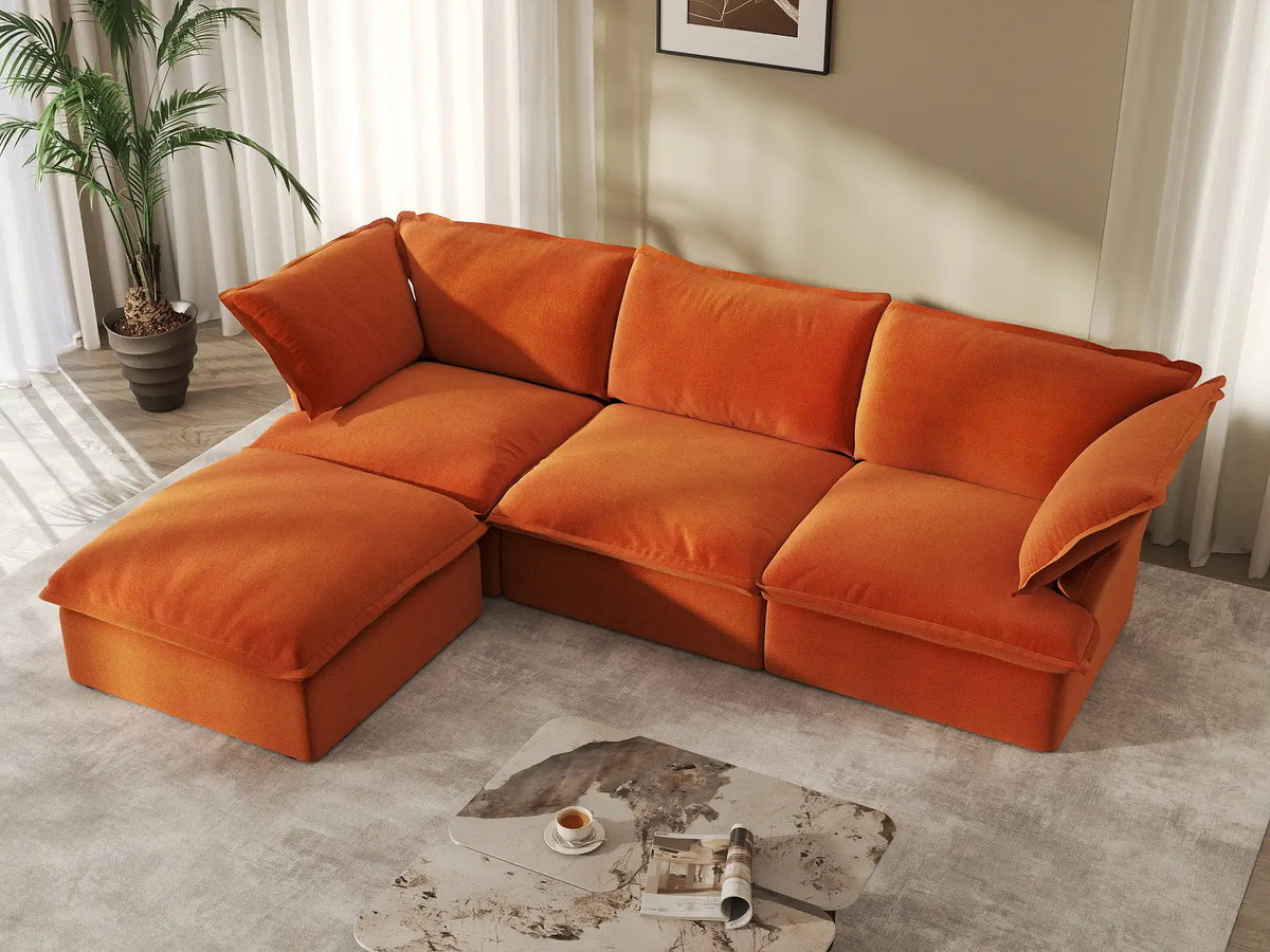 Deluxe Cloud 3-Seater Storage L-Shaped Sectional | 4-Piece (includes 1 ottoman), Velvet Fabric, Washable Covers