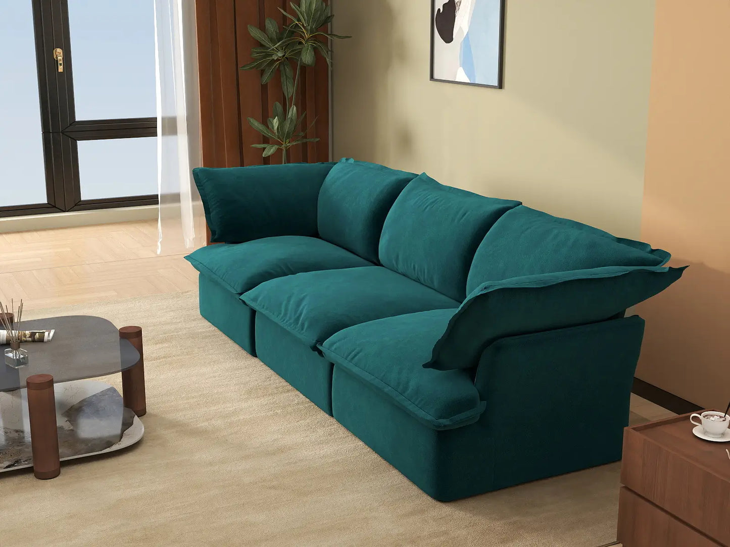 Sofá seccional modular de 3 plazas Deluxe Cloud Turquesa | 3 piezas, tela de terciopelo, fundas lavables