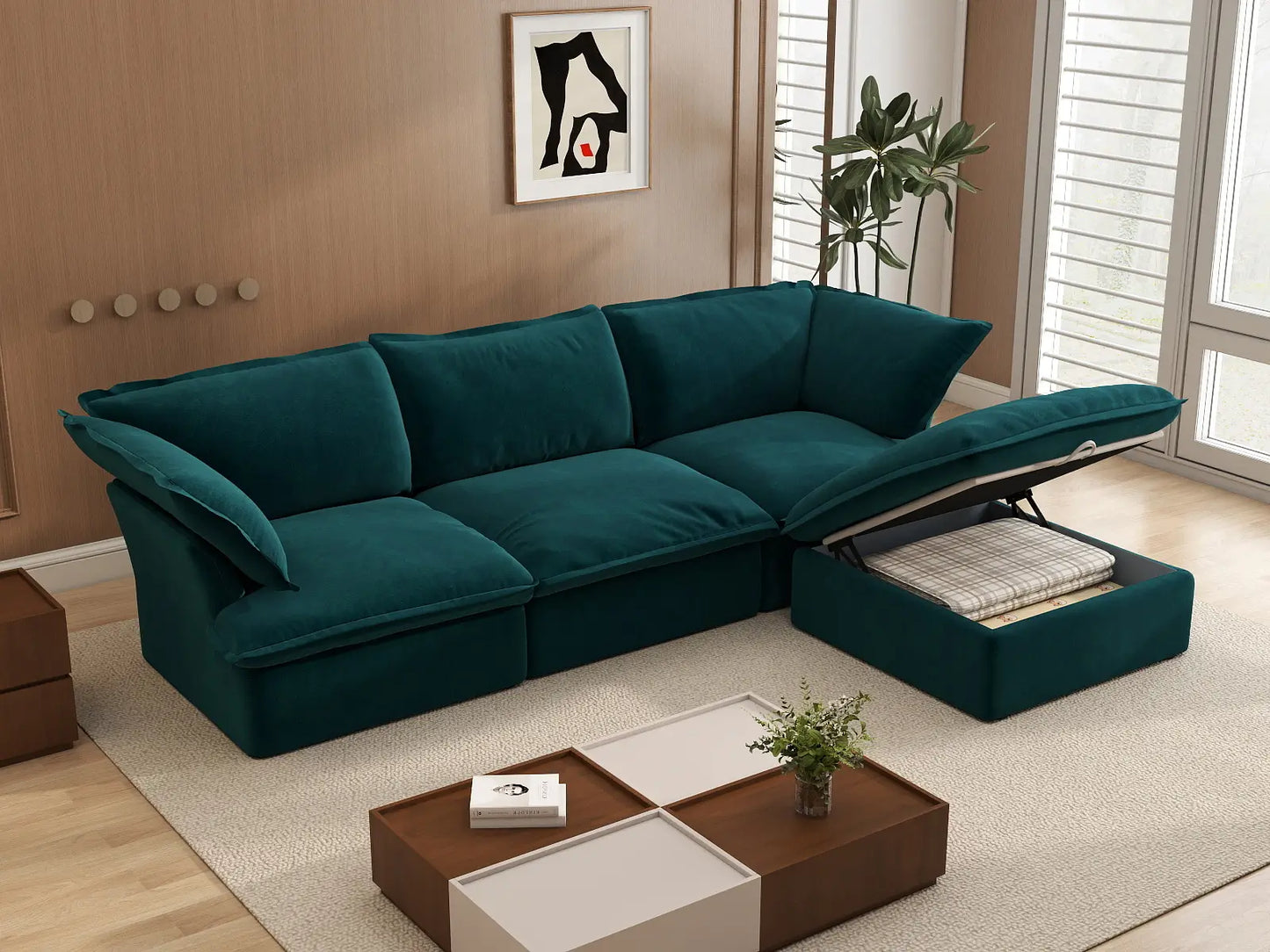 Sofá Seccional Modular Turquesa de 3 Plazas Deluxe Cloud | 4 Piezas (incluye 1 otomana), Tela de Terciopelo, Otomana con Almacenamiento