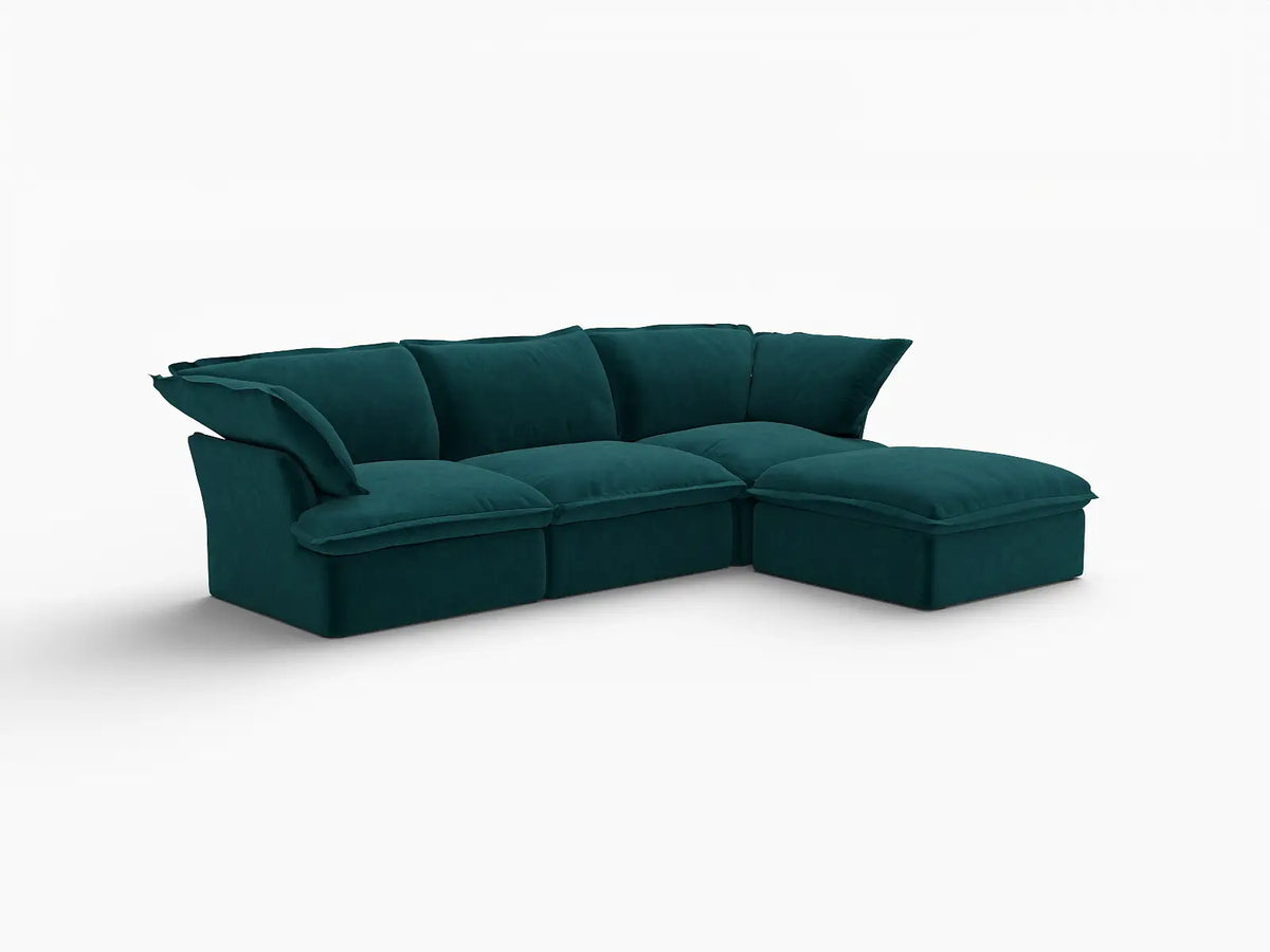 Sofá Seccional Modular Turquesa de 3 Plazas Deluxe Cloud | 4 Piezas (incluye 1 otomana), Tela de Terciopelo, Otomana con Almacenamiento