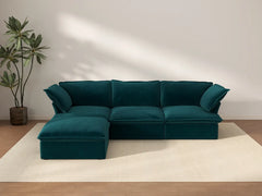 Sofá Seccional Modular Turquesa de 3 Plazas Deluxe Cloud | 4 Piezas (incluye 1 otomana), Tela de Terciopelo, Otomana con Almacenamiento