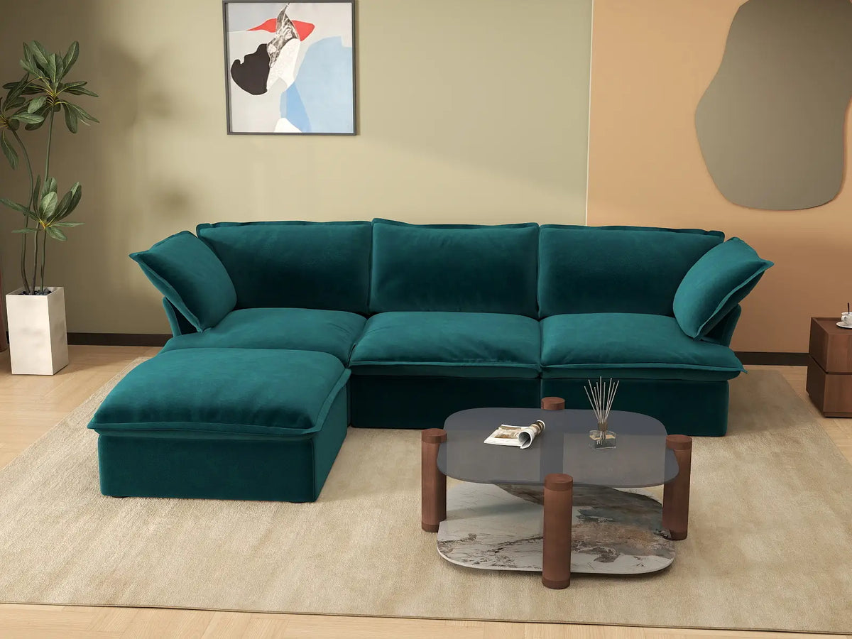 Sofá Seccional Modular Turquesa de 3 Plazas Deluxe Cloud | 4 Piezas (incluye 1 otomana), Tela de Terciopelo, Otomana con Almacenamiento
