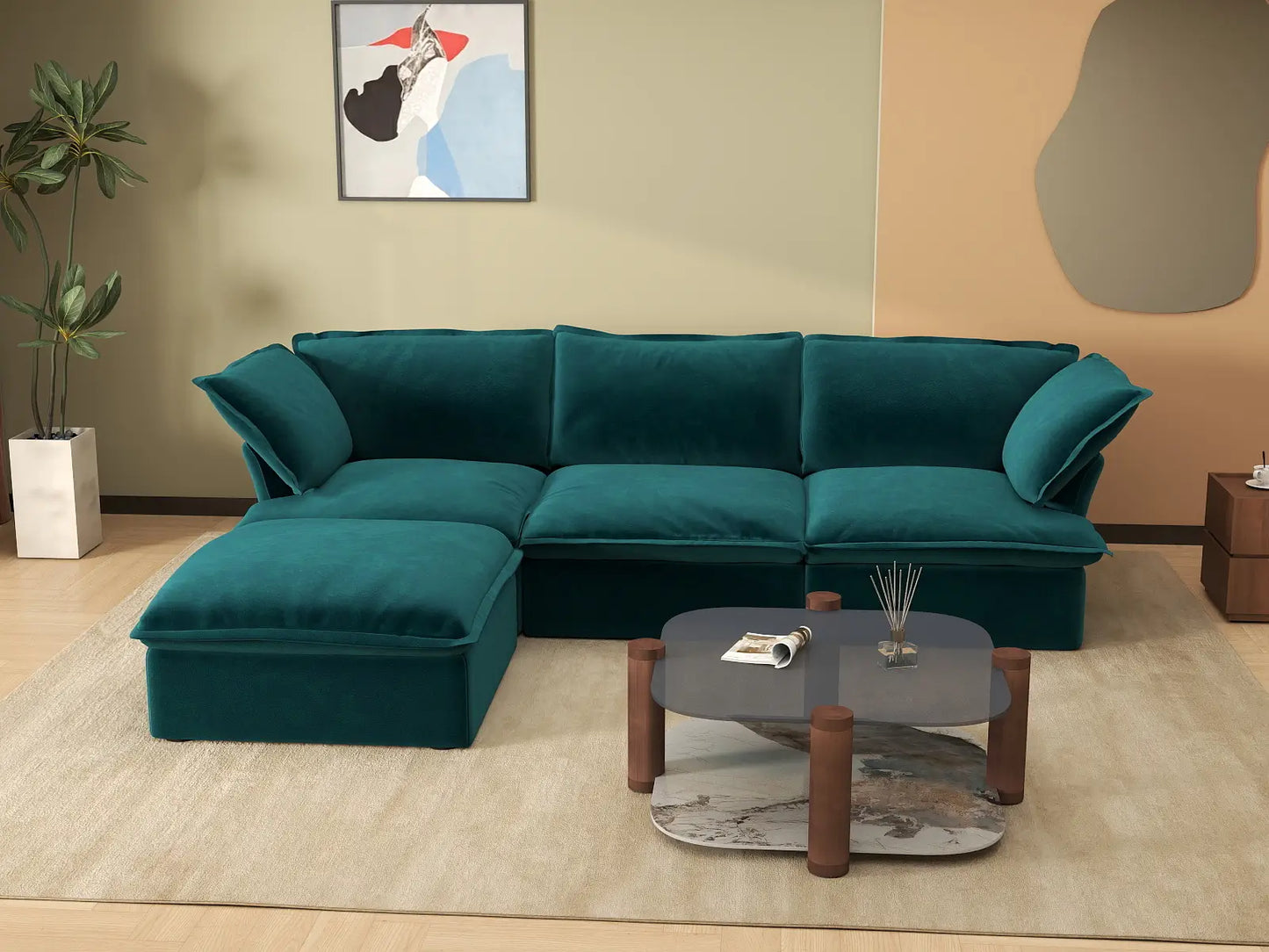 Sofá Seccional Modular Turquesa de 3 Plazas Deluxe Cloud | 4 Piezas (incluye 1 otomana), Tela de Terciopelo, Otomana con Almacenamiento
