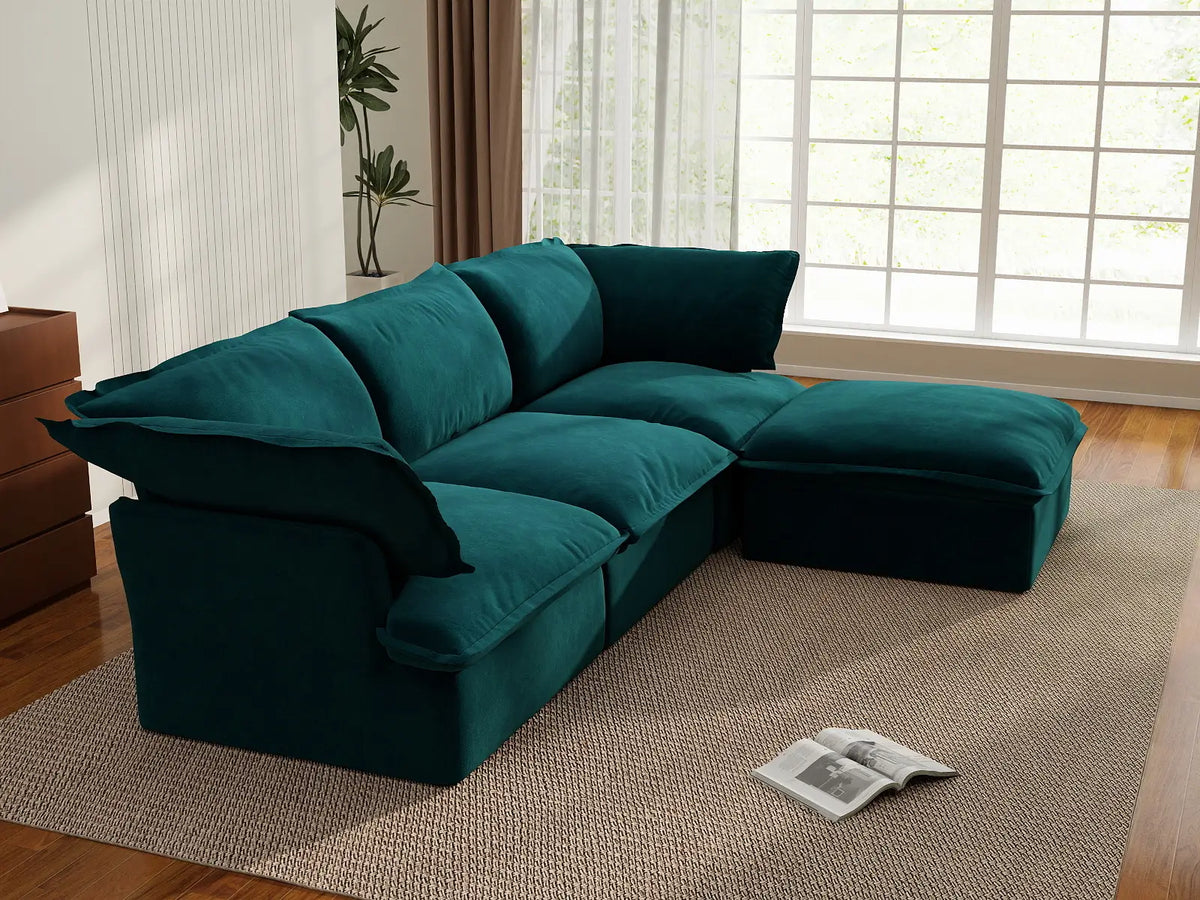 Sofá Seccional Modular Turquesa de 3 Plazas Deluxe Cloud | 4 Piezas (incluye 1 otomana), Tela de Terciopelo, Otomana con Almacenamiento