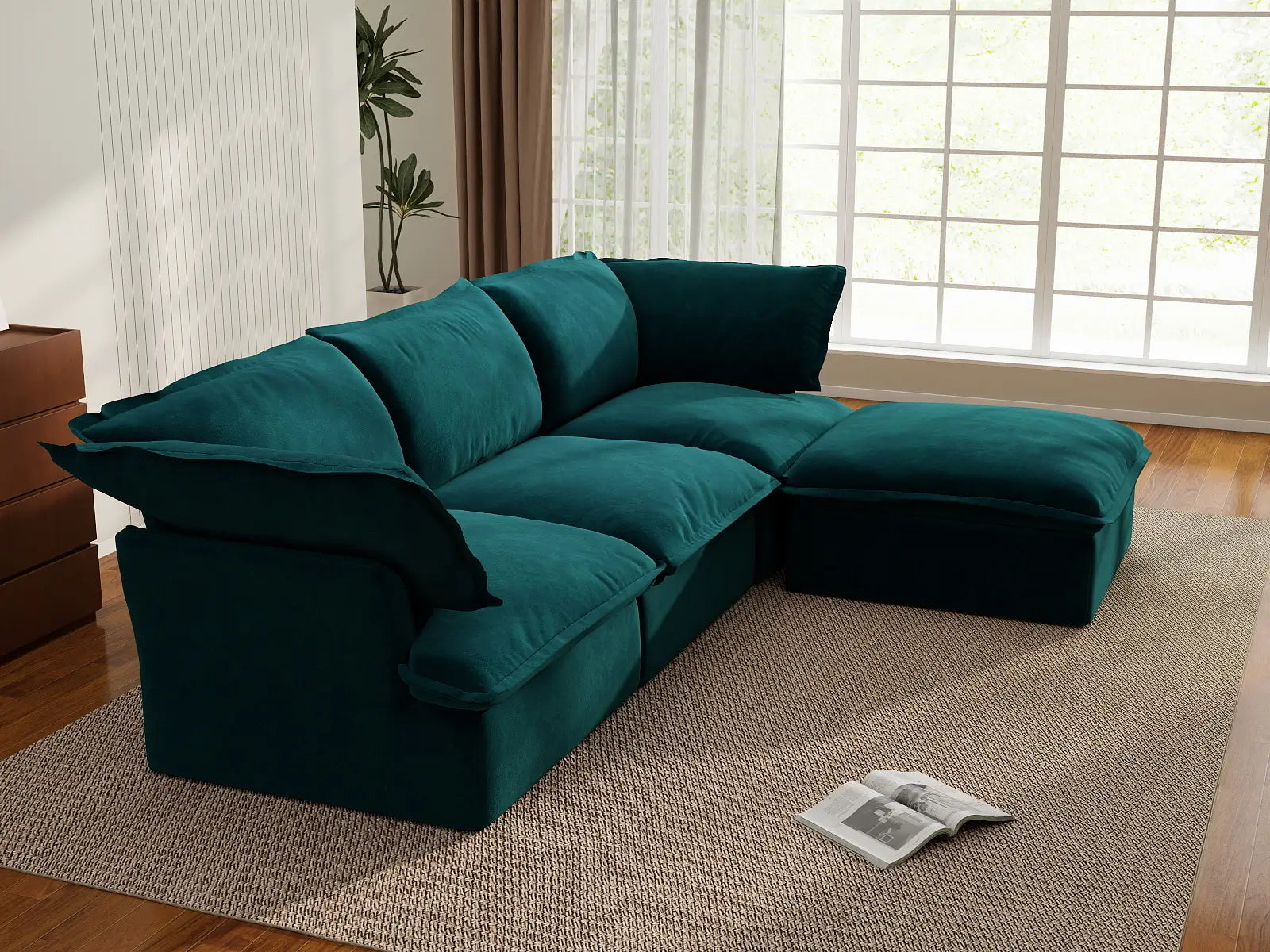 Sofá Seccional Modular Turquesa de 3 Plazas Deluxe Cloud | 4 Piezas (incluye 1 otomana), Tela de Terciopelo, Otomana con Almacenamiento