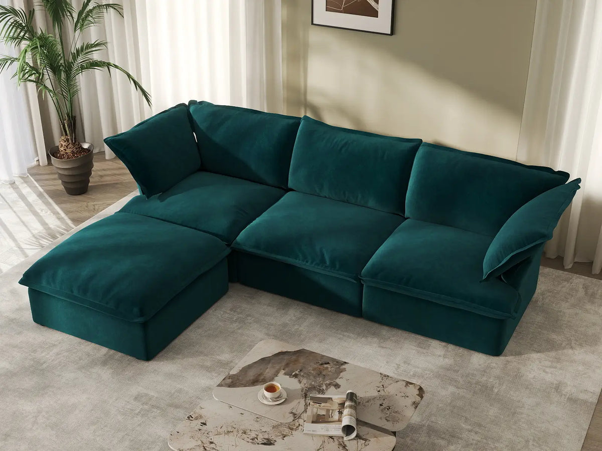 Sofá Seccional Modular Turquesa de 3 Plazas Deluxe Cloud | 4 Piezas (incluye 1 otomana), Tela de Terciopelo, Otomana con Almacenamiento